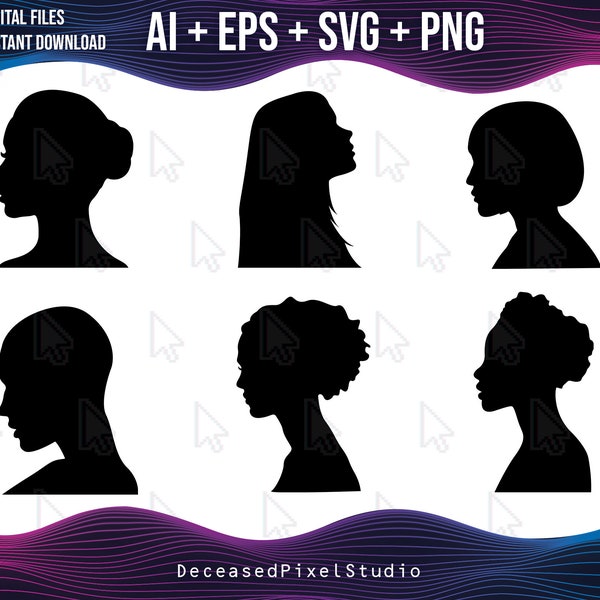 Women's Profile Silhouettes Bundle, Ai, SVG, PNG, Woman Profile Silhouette Clip Art, Vector Image