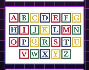 Alfabetsleksaksklosspaket, AI, EPS, SVG, PNG, Bokstavsklossar A-Ö-paket, Clip Art, Babybyggklossvektor, Cricut-fil ABC-klossar