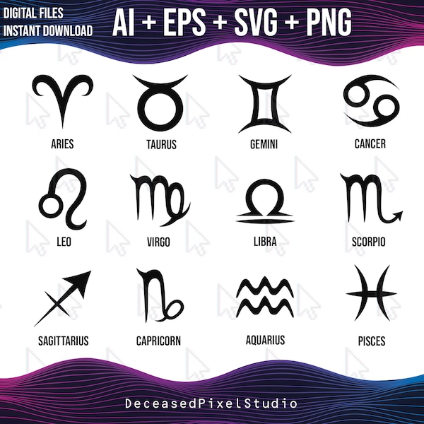 Zodiac Signs SVG Bundle, 12 Zodiac Symbols, Horoscope Astrology Bundle svg, PNG, Ai, EPS Cricut, Silhouette Cameo
