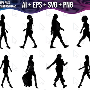 Paquete de siluetas femeninas caminando, Ai, EPS, SVG, PNG, paquete de silueta de mujeres caminando, Clip Art, imagen vectorial de silueta de niña, archivo Cricut