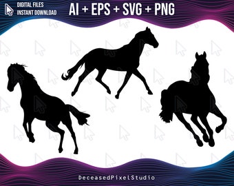 Horses Silhouette Pack Bundle, Ai, SVG, PNG, Horse Silhouettes Clip Art, Vector Image
