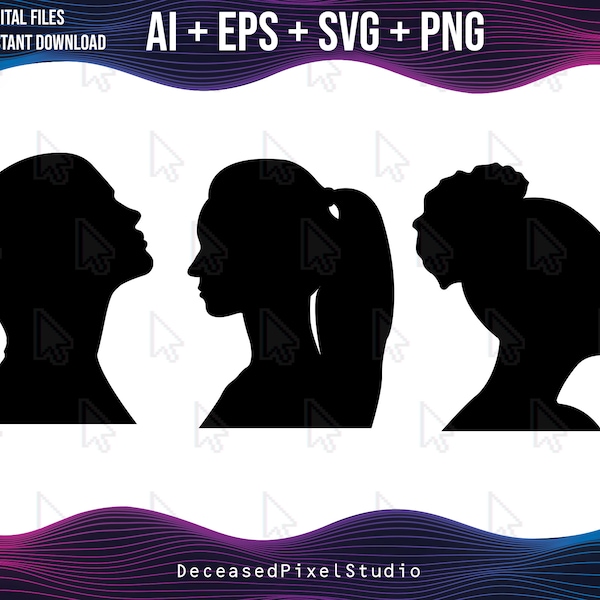 Women's Profile Silhouette Pack, Ai, SVG, PNG, Woman Profile Silhouettes Clip Art, Vector Image