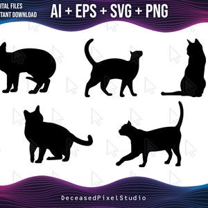 以下が含まれることがあります： さまざまなポーズの黒い猫のシルエット。画像には「DIGITAL FILES INSTANT DOWNLOAD AI + EPS + SVG + PNG」と「DeceasedPixelStudio」のテキストが含まれています。デジタルアートやデザインプロジェクトに最適な、さまざまな姿勢の猫が描かれています。