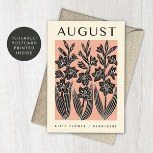 de voeux de fleur de naissance d'août de glaïeul | Carte Anniversaire botanique, nouveau-né | d'art floral recyclé et réutilisable | Pour le jardinier, maman