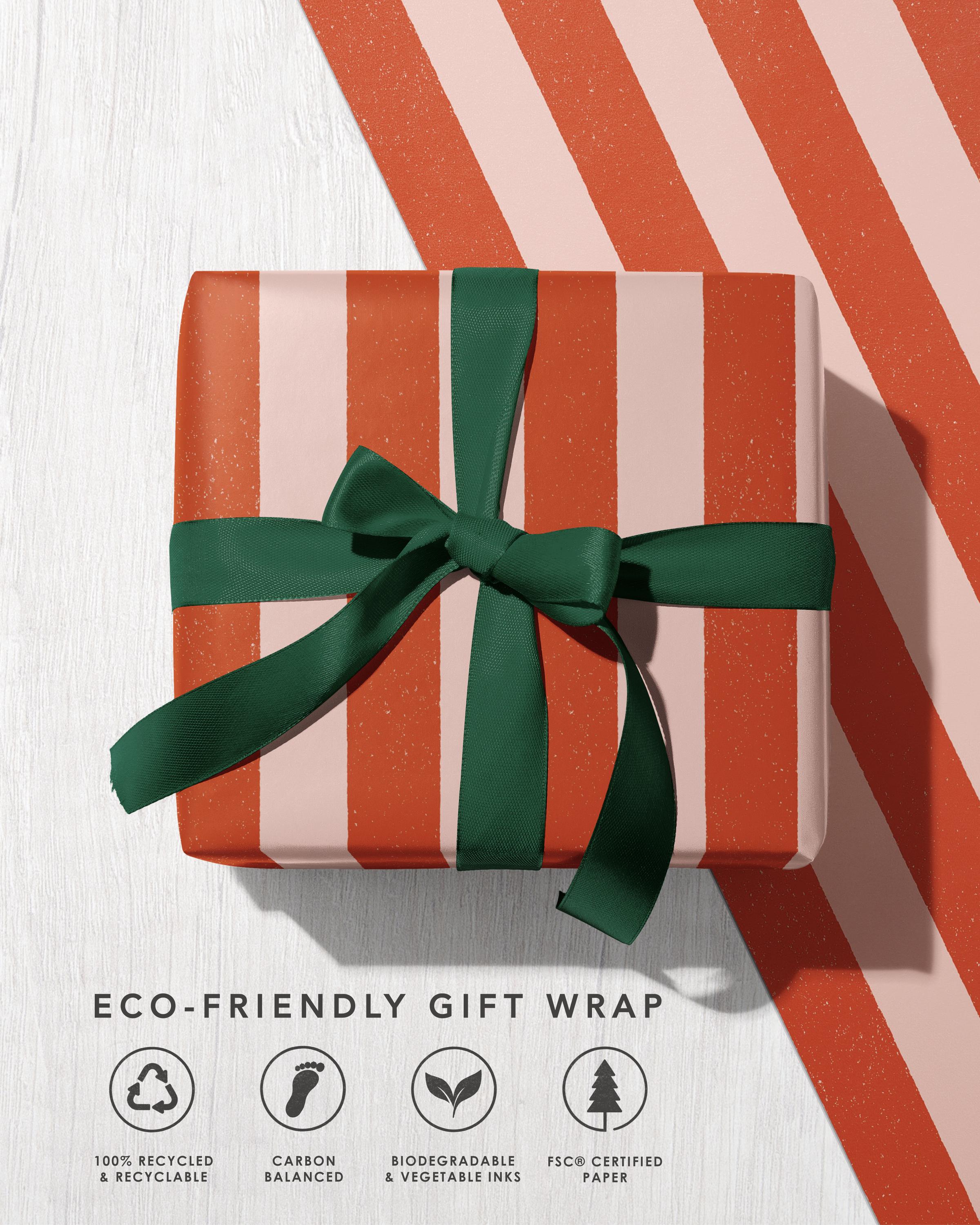 Candy Stripe Modern Retro Gift Wrap | Pink & Red Striped Premium Eco Friendly Wrapping Paper | Christmas, Valentines, Birthday | Recyclable