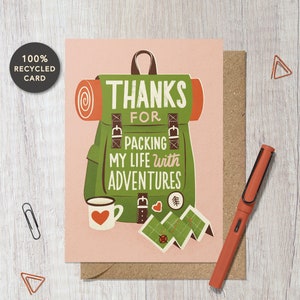 Carte de vœux illustrée de camping, de randonnée et d'aventure | Saint-Valentin, anniversaire, carte de fiançailles écologique pour femme, mari, partenaire
