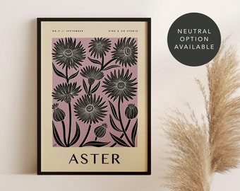 ASTER September Birth Flower Art Print | Vintage Boho Floral Décor | Botanical Wall Art | Birthday, New Baby, 20th Wedding Anniversary Gift