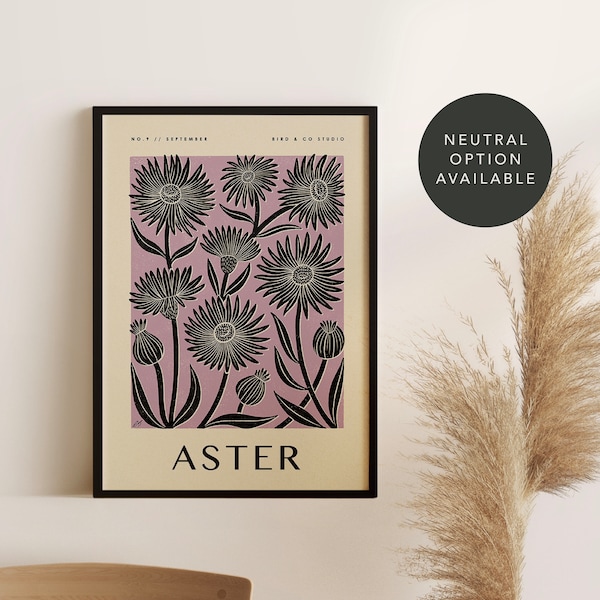 ASTER September Birth Flower Art Print | Vintage Boho Floral Décor | Botanical Wall Art | Birthday, New Baby, 20th Wedding Anniversary Gift