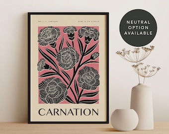 CARNATION January Birth Flower Art Print | Vintage Boho Floral Décor | Botanical Wall Art | Birthday, New Baby, 1st Wedding Anniversary Gift