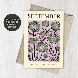 de voeux fleur de naissance d'aster septembre | Carte Anniversaire botanique, nouveau-né | d'art floral recyclé et réutilisable | Pour le jardinier, maman