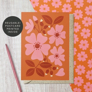 botanique moderne fleur de rose sauvage carte de vœux | d'art floral recyclé et réutilisable | Anniversaire, tous les jours, amour, Saint-Valentin | Pour maman, femme