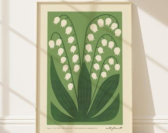 May include: A framed botanical art print featuring a green background with white lily of the valley flowers and dark green leaves. The text at the bottom reads: Fig. 1 LILY OF THE VALLEY (Convallaria Majalis) wild flora 01.