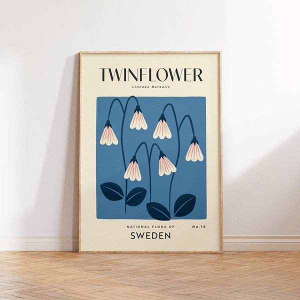 TWINFLOWER Retro Art Print | Vintage Floral Home Décor | Boho Flower Poster | Botanical Wall Art | Sweden Travel Print | House Warming Gift