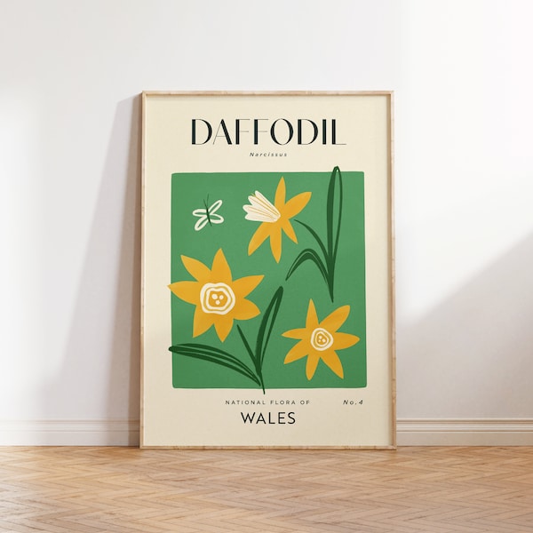 Narzisse Retro Kunstdruck | Vintage Blumen Wohndekor | Boho Blumen Poster | Botanische Wandkunst | Wales Reise Druck | Einweihungsgeschenk