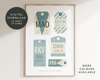 Digital Download | Personalised 5 Vintage Luggage Tag Print | Bespoke Travel Memory Wall Art | Custom travel gift for anniversary, birthday