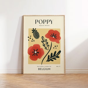 Impression d'art rétro COQUELICOT | Décoration florale vintage pour la maison | affiche fleur bohème | Art mural botanique | Impression de voyage en Belgique | Cadeau pour pendaison de crémaillère