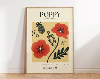 POPPY Retro Art Print | Vintage Floral Home Décor | Boho Flower Poster | Botanical Wall Art | Belgium Travel Print | House Warming Gift