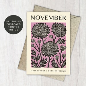 fleur de naissance de novembre chrysanthème carte de vœux | Carte Anniversaire botanique, nouveau-né | d'art floral recyclé et réutilisable | Pour jardinier