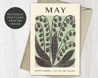 Tarjeta de felicitación con diseño de flor de nacimiento de mayo de LILY of the VALLEY / Tarjeta botánica de cumpleaños para bebé recién nacido / Tarjeta floral reciclada y reutilizable / Para jardineros
