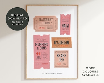 Descarga digital / Impresión personalizada de 5 entradas para conciertos retro / Arte mural conmemorativo de teatro o música a medida / Regalo personalizado para cumpleaños, aniversario