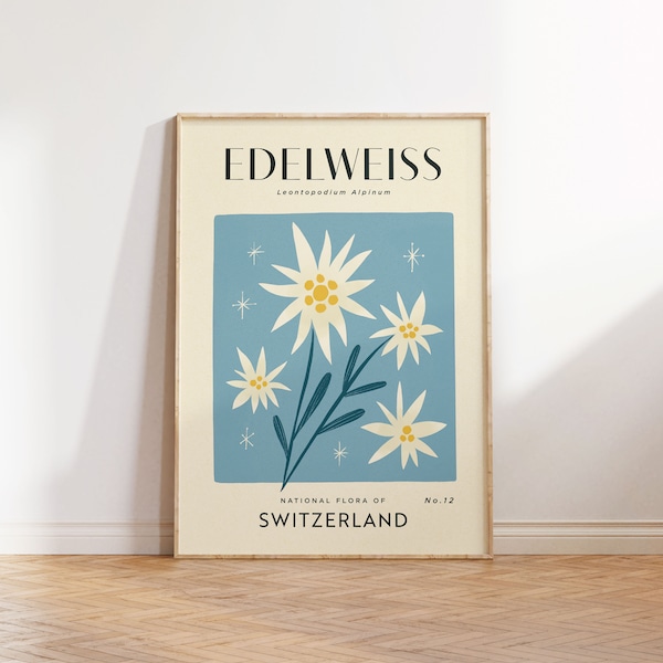 Impression d’art rétro EDELWEISS | décoration florale vintage | Affiche de fleurs Boho | Art mural botanique | Suisse Imprimer | Scandinave écologique