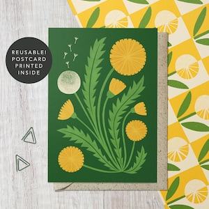 botanique moderne de fleur sauvage de pissenlit carte de vœux | d'art floral recyclé et réutilisable | Anniversaire, Tous les jours | Pour maman, ami, jardinier