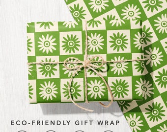 Daisy Wild Flower Gift Wrap Sheets | Retro Floral Check Pattern Recycled Wrapping Paper | Eco friendly Biodegradable | Birthday, Mothers Day