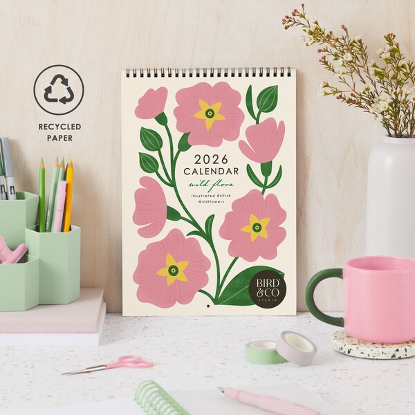 2026 Eco Friendly Wildflower Wall Calendar, Mid Century Botanical Calendar, Illustrated Floral 12 Month Calendar, Family Planner Nature Gift