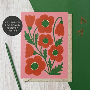 fleur sauvage de pavot du maïs carte de vœux | d'art floral recyclé et réutilisable | Anniversaire, Tous les jours | Pour maman, ami, jardinier