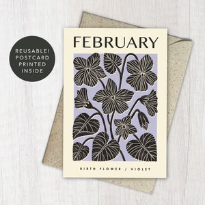 VIOLET fleur de naissance de février | Carte Anniversaire botanique, nouveau-né | d'art floral recyclé et réutilisable | Pour le jardinier, maman