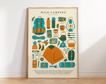 Wild Camping Essentials Retro Art Print | Camp Kit Wall Art | Vintage Camping Poster | Gift For Hiker, Camper | Adventure Gift, Packing List