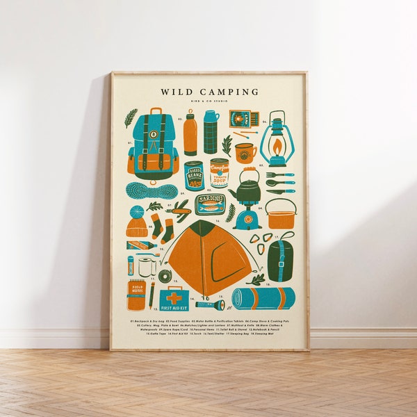 Wild Camping Essentials Retro Art Print | Camp Kit Wall Art | Vintage Camping Poster | Gift For Hiker, Camper | Adventure Gift, Packing List