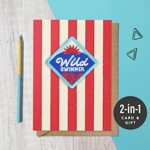 Wild Swimmer Recycled Embroidered Patch Greeting Card | Outdoor Swimming Iron-on Badge | Eco-friendly gift for Nature Sea Lover, Diver