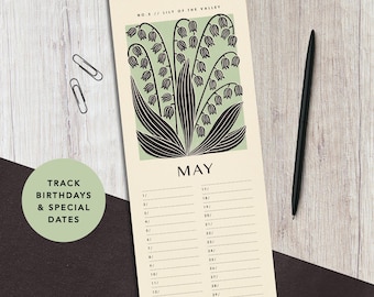 Calendario perpetuo de cumpleaños y celebraciones con diseño de flores de nacimiento / Calendario de pared delgado / Organizador de planificador sin fecha / Calendario reutilizable y ecológico