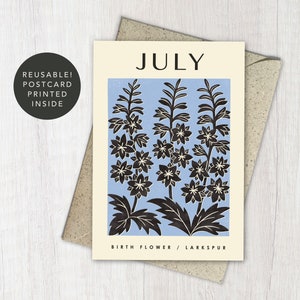 Fleur de naissance de juillet de pied d'alouette | Carte Anniversaire botanique, nouveau-né | d'art floral recyclé et réutilisable | Pour le jardinier, maman