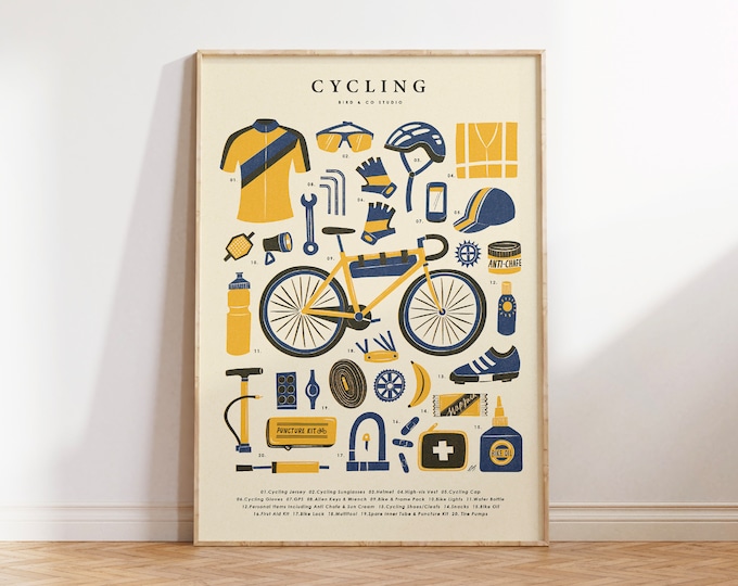 Road Cycling Essentials Retro Art Print | Bike Kit Wall Art | Vintage Cycling Poster | Gift For Him, Cyclist, Triathlete | Sport Achievement