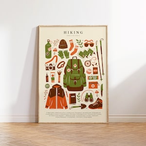 Hiking Essentials Retro Art Print | Trekking Kit Wall Art | Vintage Walking Poster | Gift For Hiker, Walker | Adventure Gift  | Packing List