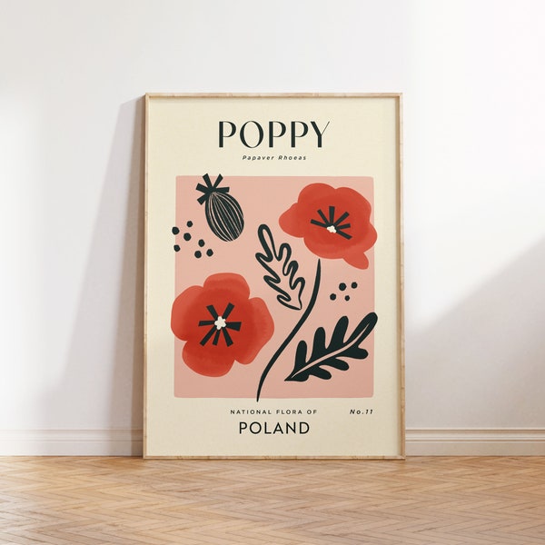 POPPY Retro Art Print | Vintage Floral Home Décor | Boho Flower Poster | Botanical Wall Art | Poland Travel Print | House Warming Gift