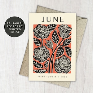 de voeux rose fleur de naissance de juin | Carte Anniversaire botanique, nouveau-né | d'art floral recyclé et réutilisable | Pour jardinier, maman, ami