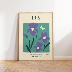 Impression d'art rétro IRIS | Décoration florale vintage pour la maison | affiche fleur bohème | Art mural botanique | Impression de voyage en France | Cadeau pour pendaison de crémaillère