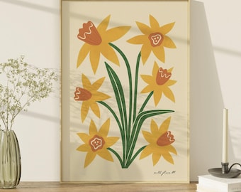 DAFFODIL Modern-Retro Art Print | British Wildflower Print | Yellow Floral Home Décor | Mid-Century Flower Poster, Botanical Plant Wall Art