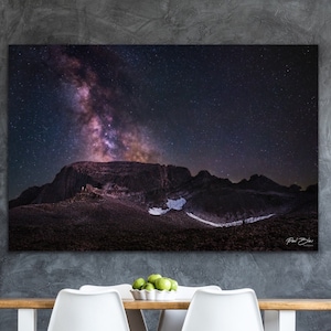 May include: A photograph of the Milky Way galaxy over a mountain range. The sky is dark blue with a bright band of stars stretching across the sky. The mountain range is silhouetted against the sky.