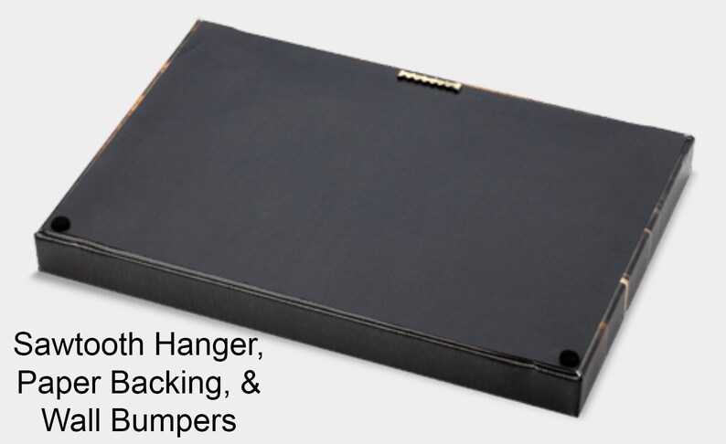 May include: The back of a framed artwork, featuring a black paper backing, sawtooth hanger, and wall bumpers. The frame has a black border with a gold accent. The text on the image reads: Sawtooth Hanger, Paper Backing, & Wall Bumpers.