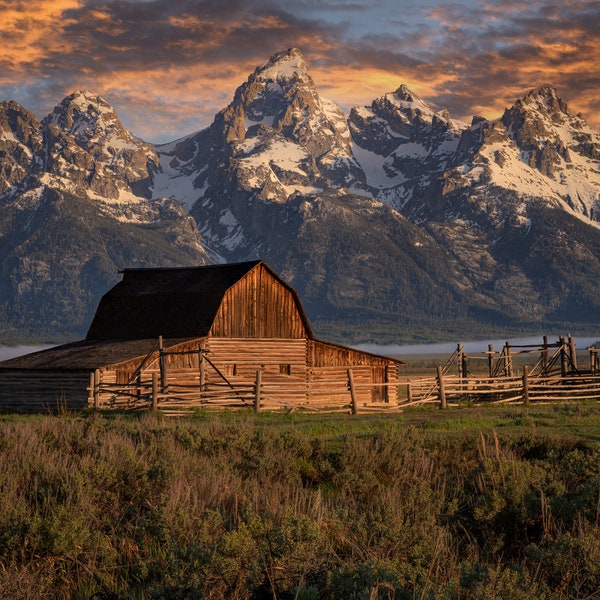 Grand Teton National Park Sunrise at Rustic Moulton Barn Homestead in Wyoming - Wall Art, Decor, Gift - Fine Art Landscape Photography Print