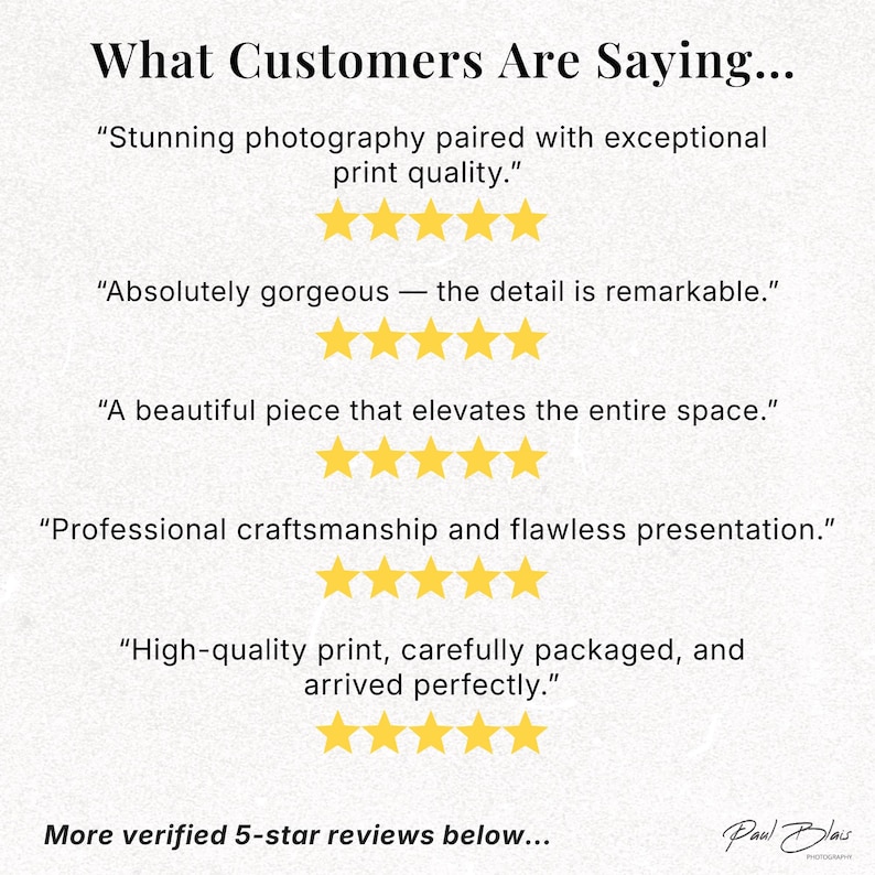 May include: Text on a cream-colored background reads "What Customers Are Saying..." followed by customer reviews with five-star ratings. The reviews highlight print quality, detail, and craftsmanship. The artist's signature is at the bottom.