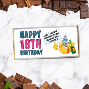 Envoltorio de barra de chocolate divertido para el 18.° cumpleaños. Personalizado con cualquier mensaje en la parte posterior. Cumpleaños para él. Cumpleaños para ella. Regalo novedoso para el 18.° cumpleaños.
