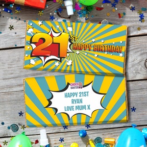 Barretta di cioccolato in stile fumetto per il 21° compleanno / Confezione di cioccolato stampata / Aggiungi qualsiasi messaggio / Regalo per il 21° compleanno / Regalo di cioccolato per il 21° compleanno /