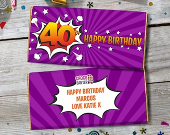 Comic Style 40th Birthday Chocolate Bar | Personalized Wrapper