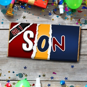 May include: A chocolate bar with a red, yellow, and blue design. The word "Son" is written in white, blue, and red letters. The words "No. 1" are written in white letters on a red background.