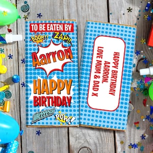 Happy Birthday ANY NAME Chocolate Bar Wrapper | Comic Super Hero Theme Personalised With Any Message On Back | Birthday for him |